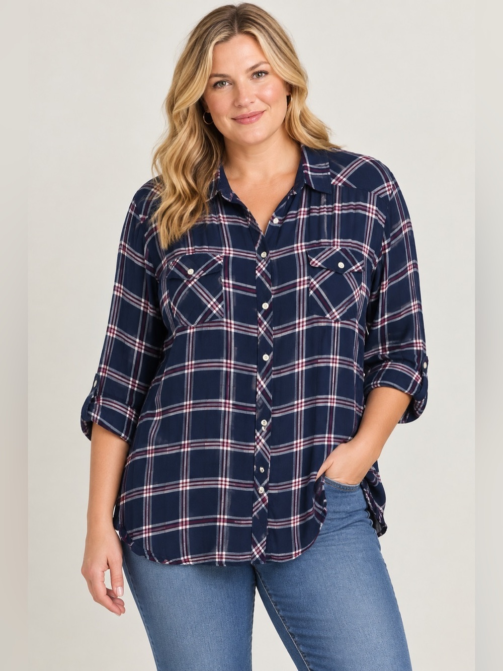 Torrid Navy Plaid Button-Down Shirt with White & Burgundy Checks Size 3X